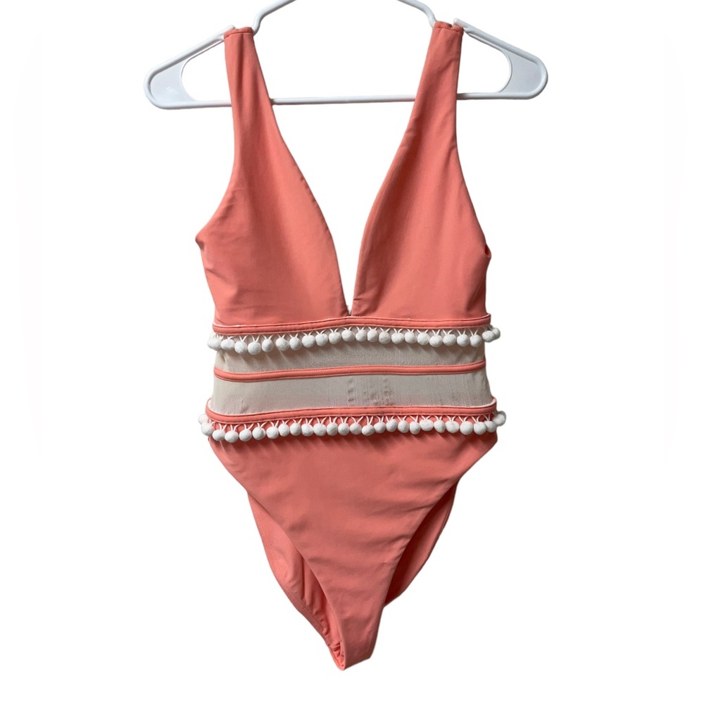 Tularosa Hot Apricot Evia Semi-Sheer Waist Pom Pom Accent One Piece Swimsuit S